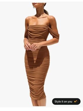 Off-Shoulder Ruched Midi Dress in Brown